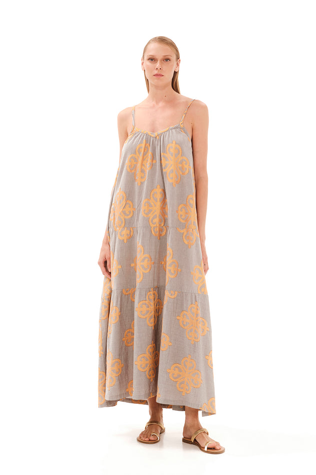 Embroidered Linen Dress Beige/Orange