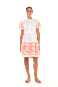 Half Button Belted Linen Dress with Embroidered Cotton Panel