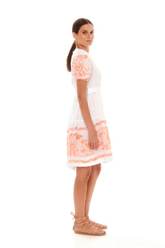 Half Button Belted Linen Dress with Embroidered Cotton Panel