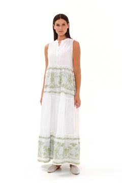 Smock Maxi Linen Dress with Embroidered Details White / Athena Green