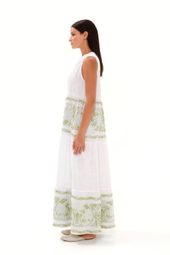 Smock Maxi Linen Dress with Embroidered Details White / Athena Green