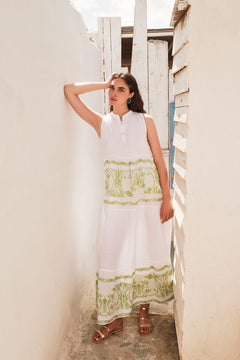 Smock Maxi Linen Dress with Embroidered Details White / Athena Green