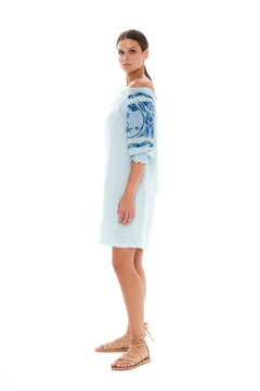 Embroidered Off Shoulder Linen Dress Ocean Air