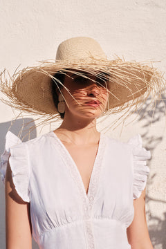 Embroidered Lace Insert Linen Maxi Dress White / Athena Orange