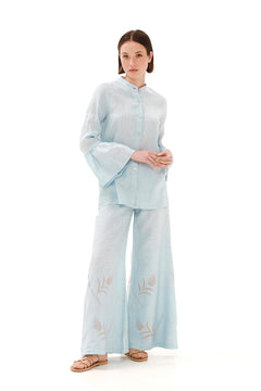 Mandarin Neck Linen Shirt with Ruffle Sleeves Ocean Air