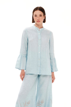 Mandarin Neck Linen Shirt with Ruffle Sleeves Ocean Air