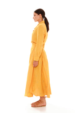 Embroidered Fold Pleated Linen Skirt Yellow