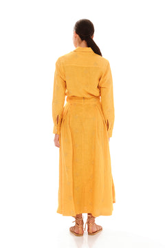 Embroidered Fold Pleated Linen Skirt Yellow