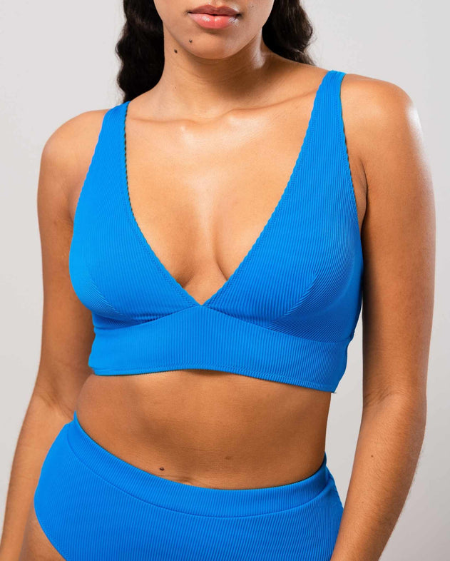 Plunge Bikini Top Turquoise Blue Rib