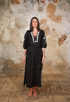 Contrast geborduurde lange kaftan jurk