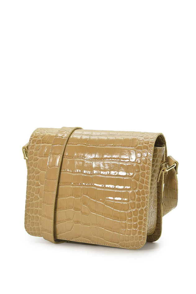 Croco gegraveerde squere lederen schoudertas beige