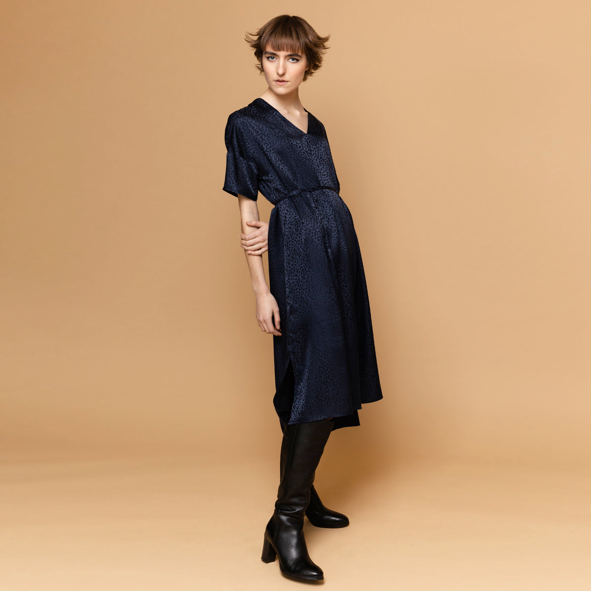Day Silk Jacquard Jurk Navy