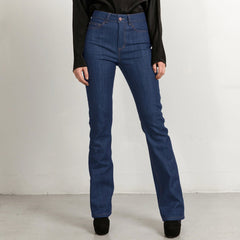 Long Flared Jeans In Mid Blue With Sand Stitch