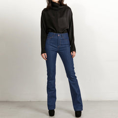 Long Flared Jeans In Mid Blue With Sand Stitch