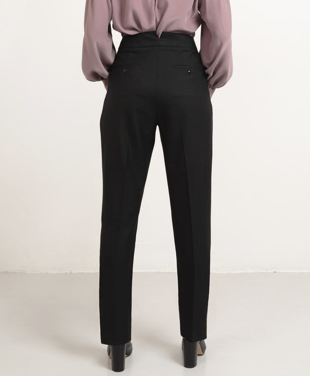 Long Pleated Wool Trousers Black