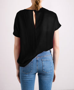 Revolution Short Sleeve Cowl Neck Silk Top Black