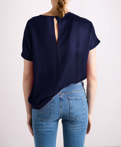 Revolution Short Sleeve Round Neck Silk Top Navy