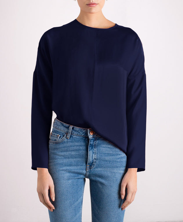 Revolution Round Neck Silk Blouse Navy