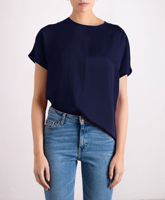 Revolution Short Sleeve Round Neck Silk Top Navy