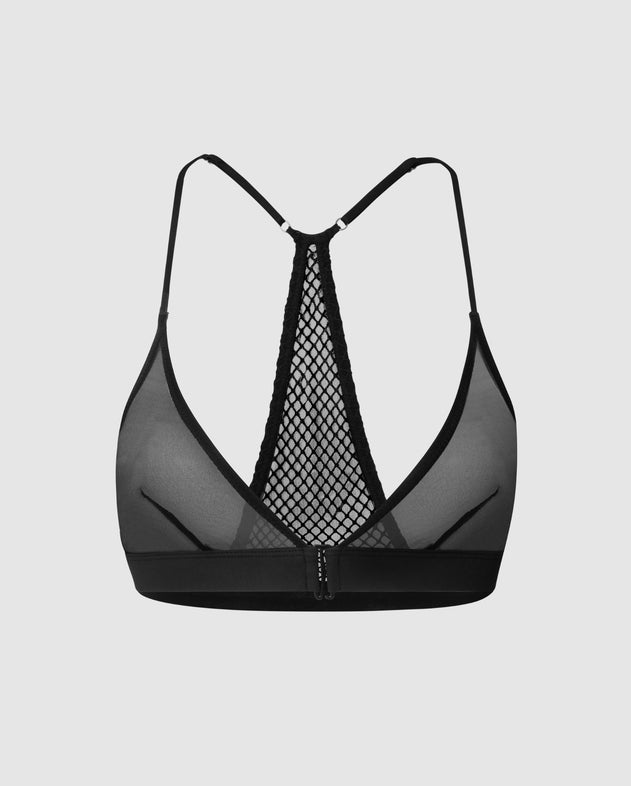 Mesh Back Satin Triangle Bralette Black/Silver